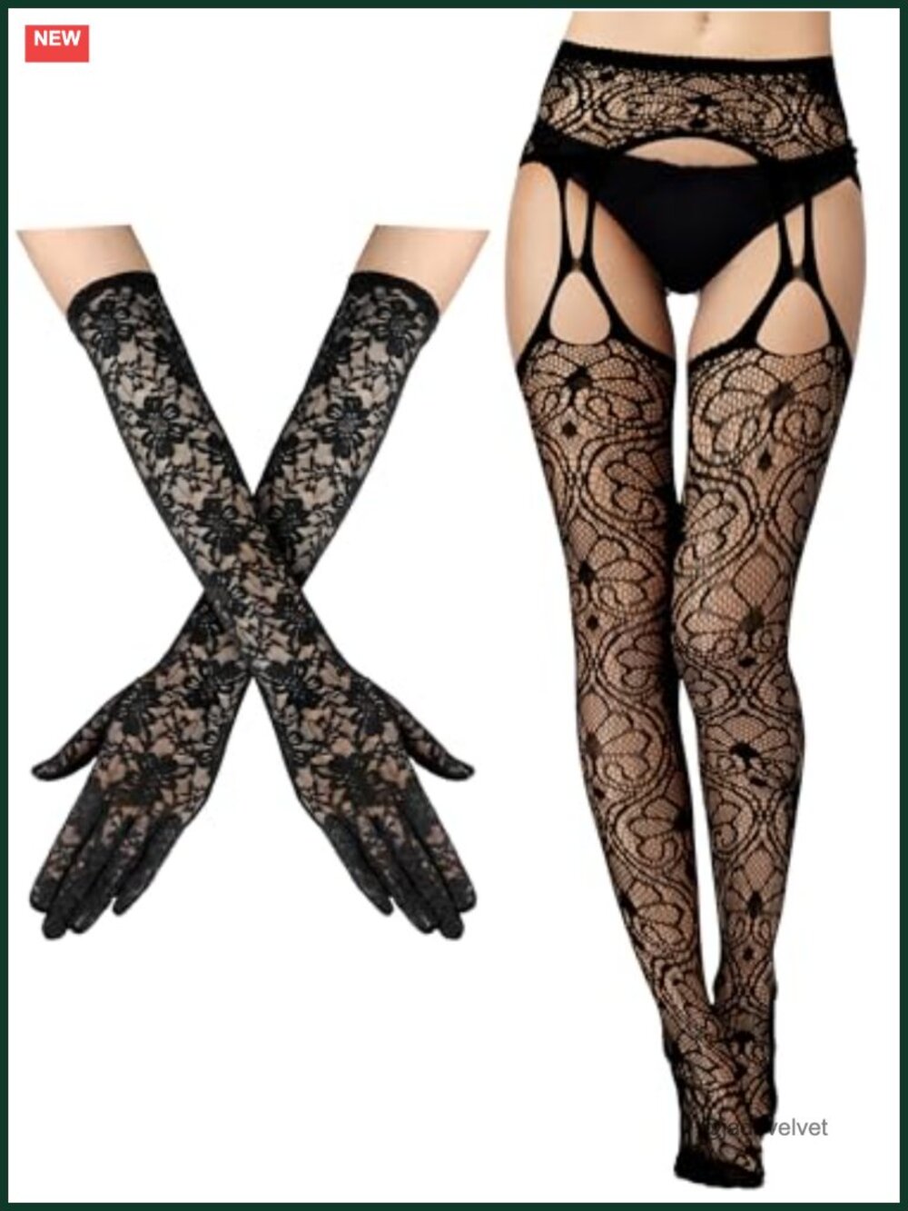 2 Pc Lace Gloves & Fishnet Stockings Set Nylon Spandex Thigh Highs